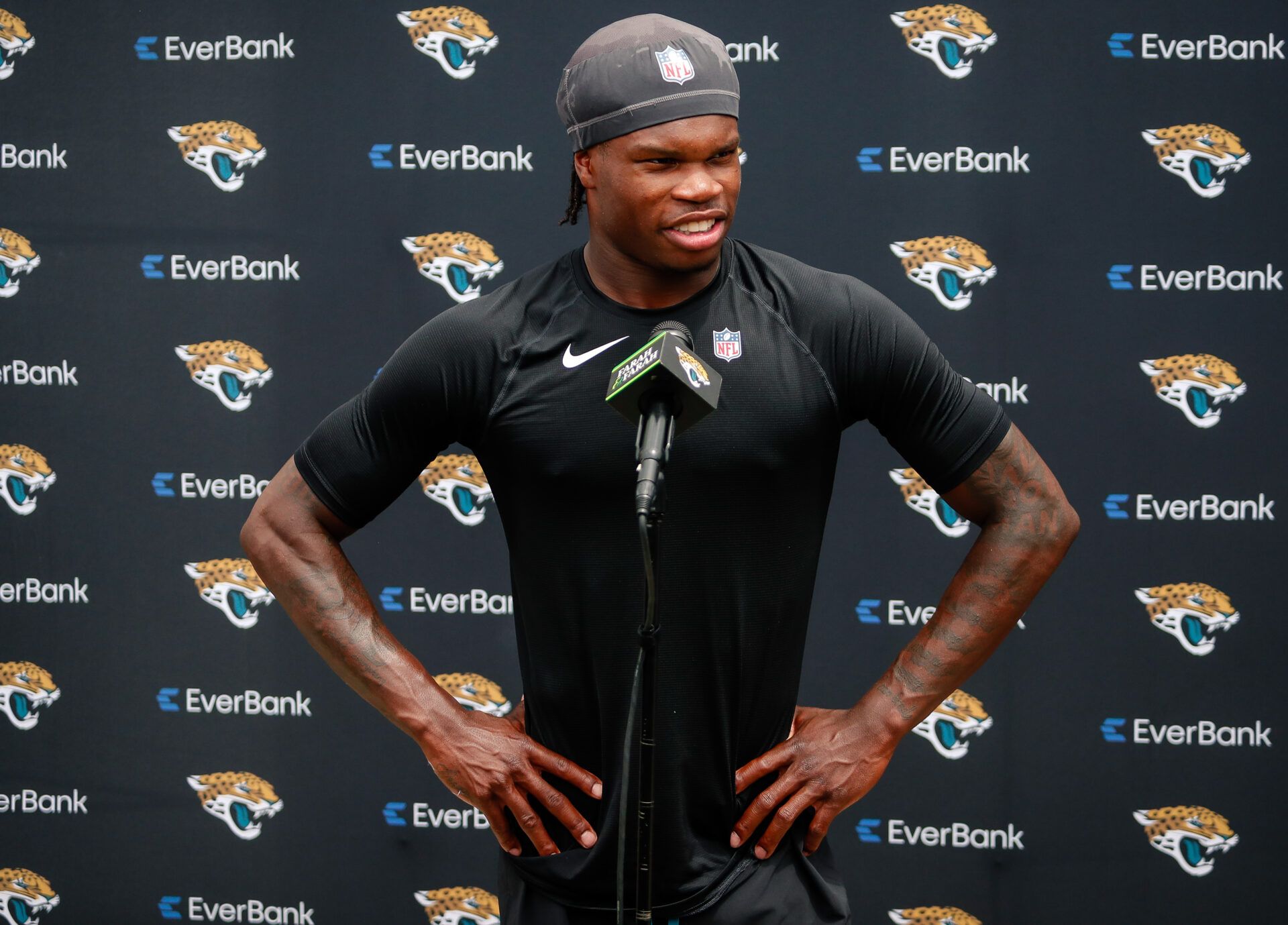 Jacksonville Jaguars wide receiver Travis Hunter (12) meets with the media following rookie minicamp at Miller Electric Center.