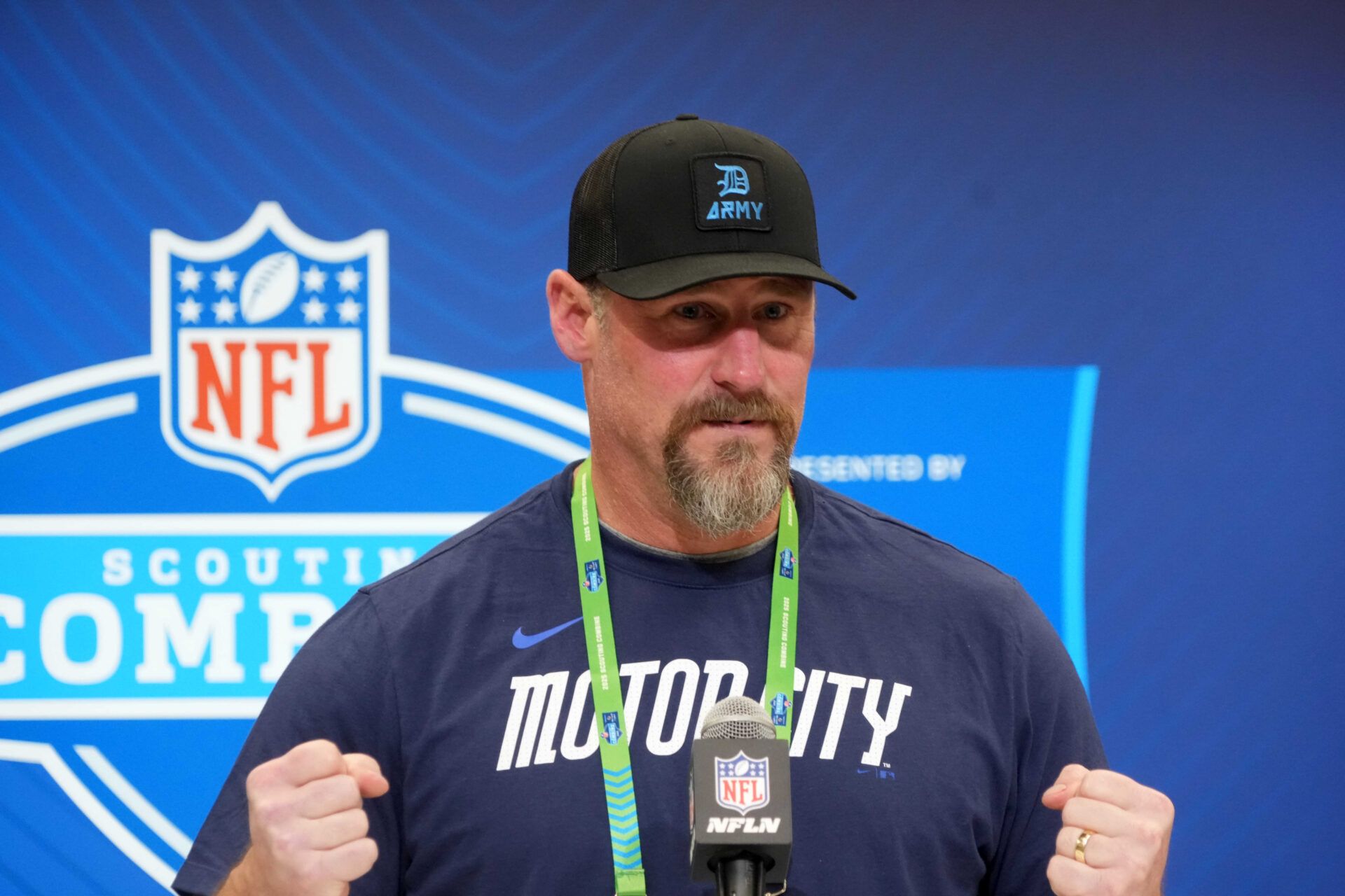 Detroit Lions coach Dan Campbell speaks during the NFL Scouting Combine at the Indiana Convention Center.