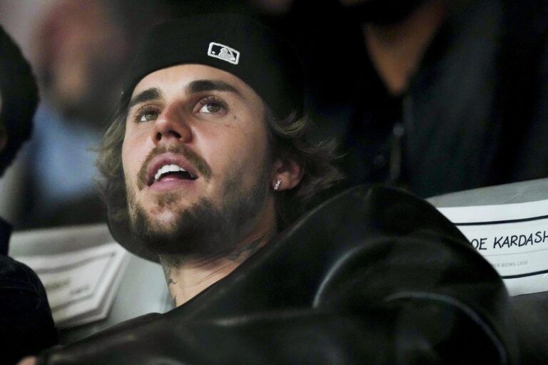 Recording artist Justin Bieber watches play during the third quarter of Super Bowl LVIII between Kansas City Chiefs and San Francisco 49ers at Allegiant Stadium.