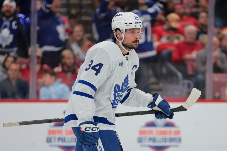 Toronto Maple Leafs center Auston Matthews (34) looks on after scoring against the Florida Panthers during the third period in game six of the second round of the 2025 Stanley Cup Playoffs at Amerant Bank Arena.