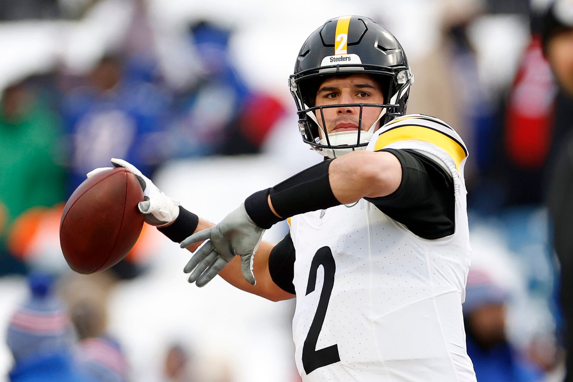 ORCHARD PARK, NEW YORK - JANUARY 15: Mason Rudolph #2 of the Pittsburgh Steelers warms up before the game against the Buffalo Bills at Highmark Stadium on January 15, 2024 in Orchard Park, New York. (Photo by Sarah Stier/Getty Images)