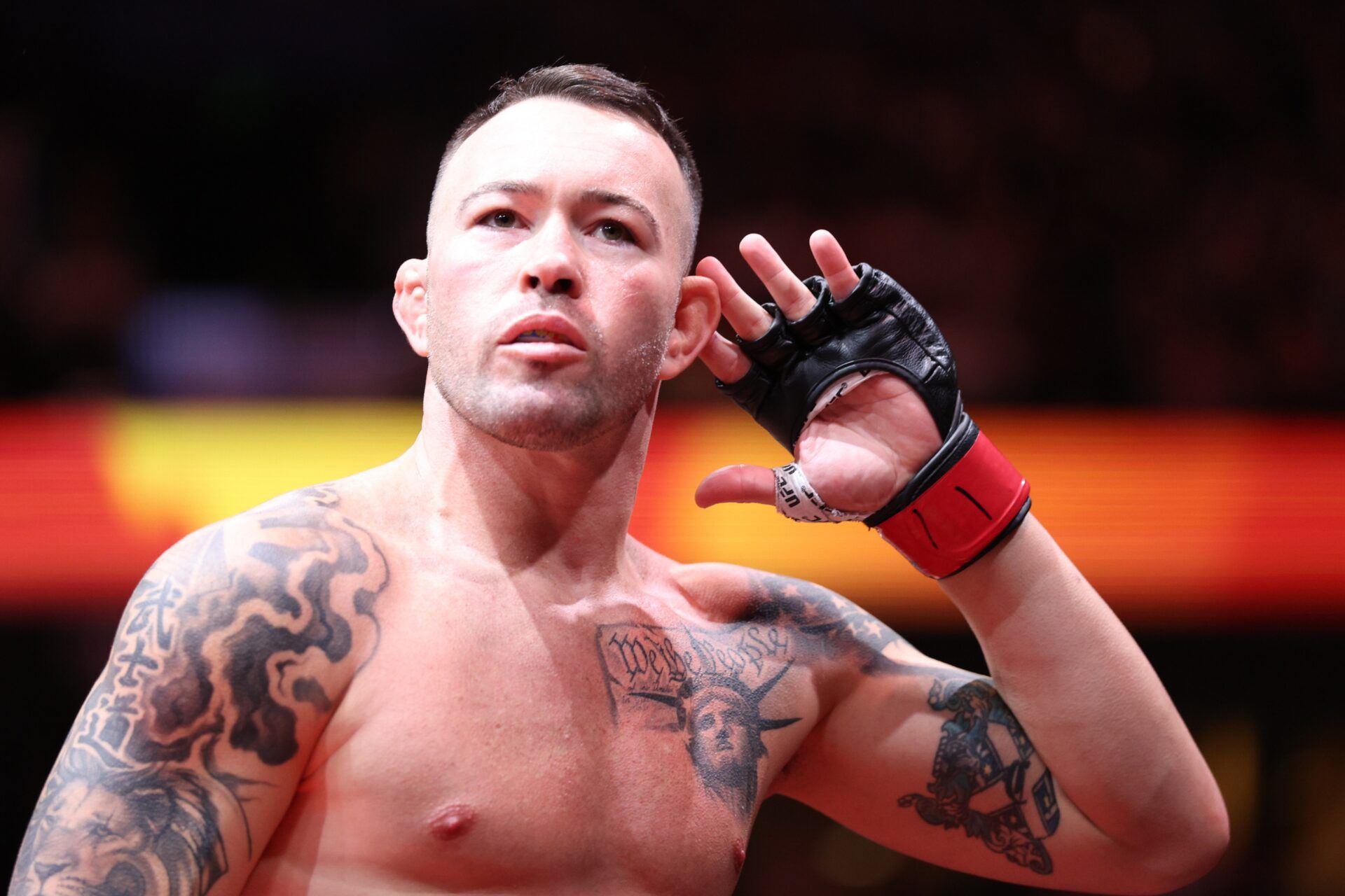 Colby Covington (red gloves) before the fight against Joaquin Buckley (blue gloves) at Amalie Arena.