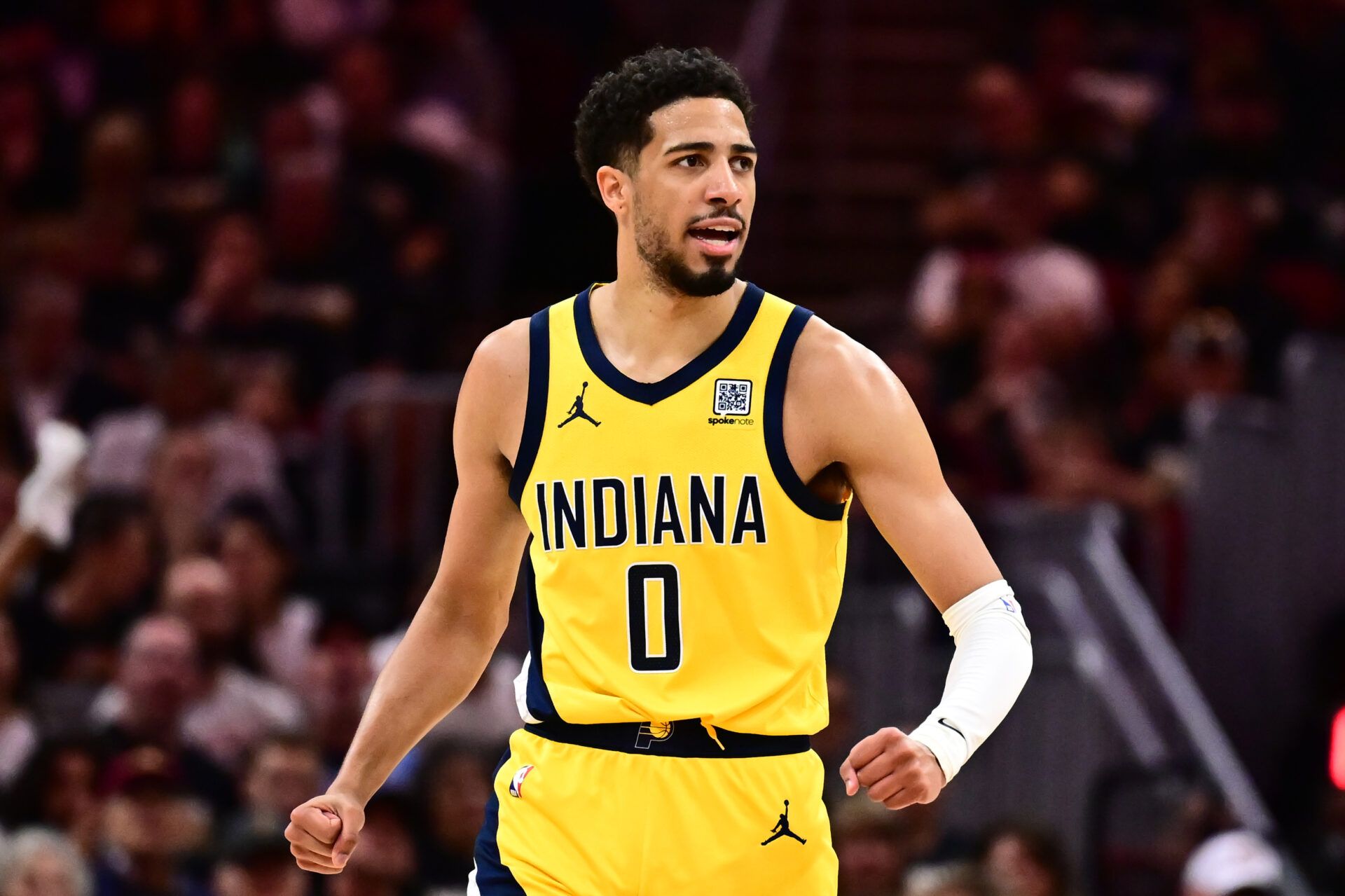 Indiana Pacers guard Tyrese Haliburton (0) celebrates during the second half against the Cleveland Cavaliers in game five of the second round for the 2025 NBA Playoffs at Rocket Arena.