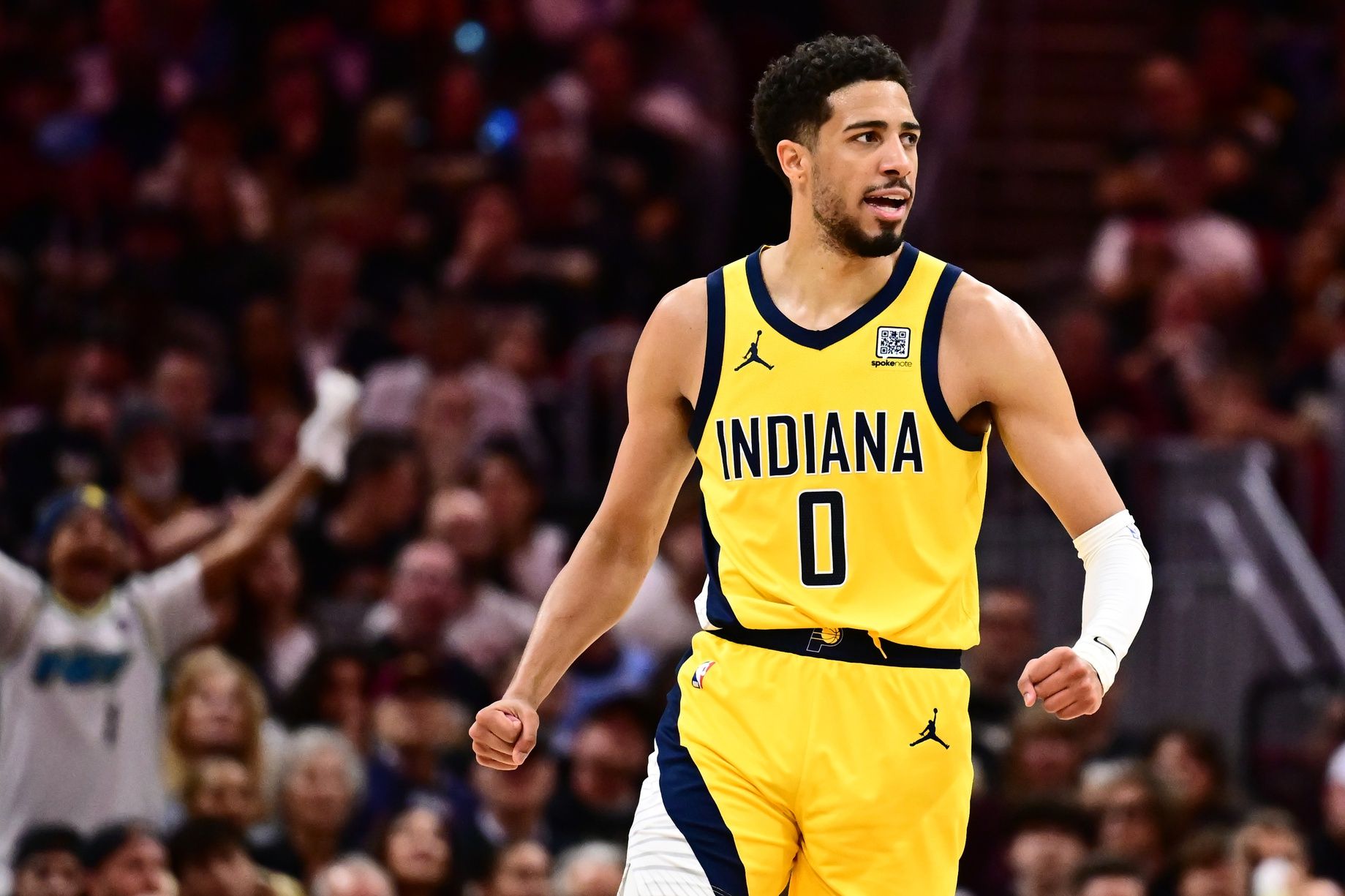 Indiana Pacers guard Tyrese Haliburton (0) celebrates during the second half against the Cleveland Cavaliers in game five of the second round for the 2025 NBA Playoffs at Rocket Arena.