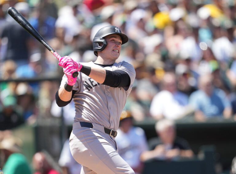 New York Yankees designated hitter Ben Rice (22) hits a grand slam against the Athletics in the fifth inning at Sutter Health Park.