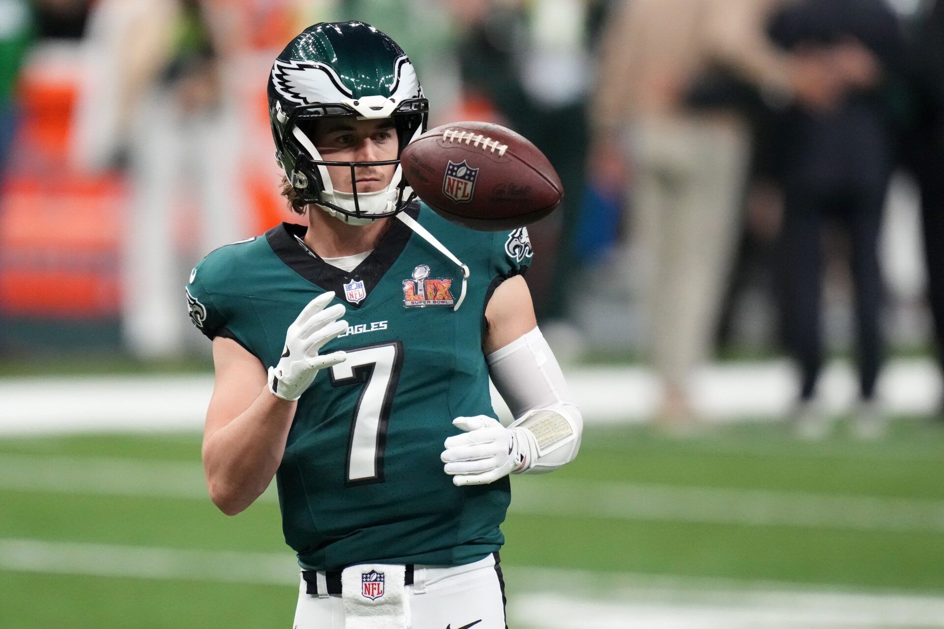 Philadelphia Eagles quarterback Kenny Pickett (7) practices before Super Bowl LIX against the Kansas City Chiefs at Caesars Superdome.