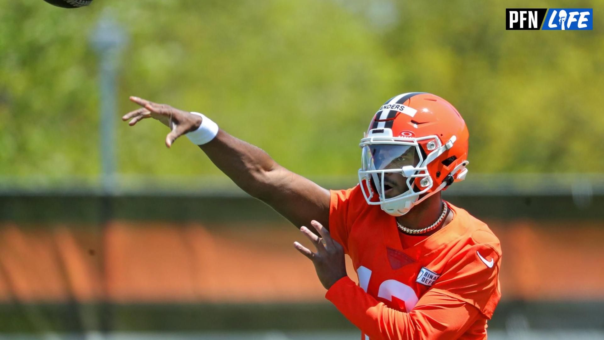 Cleveland Browns quarterback Shedeur Sanders (12) throws during day two of NFL rookie minicamp at the Cleveland Browns training facility on Saturday, May 10, 2025, in Berea, Ohio.