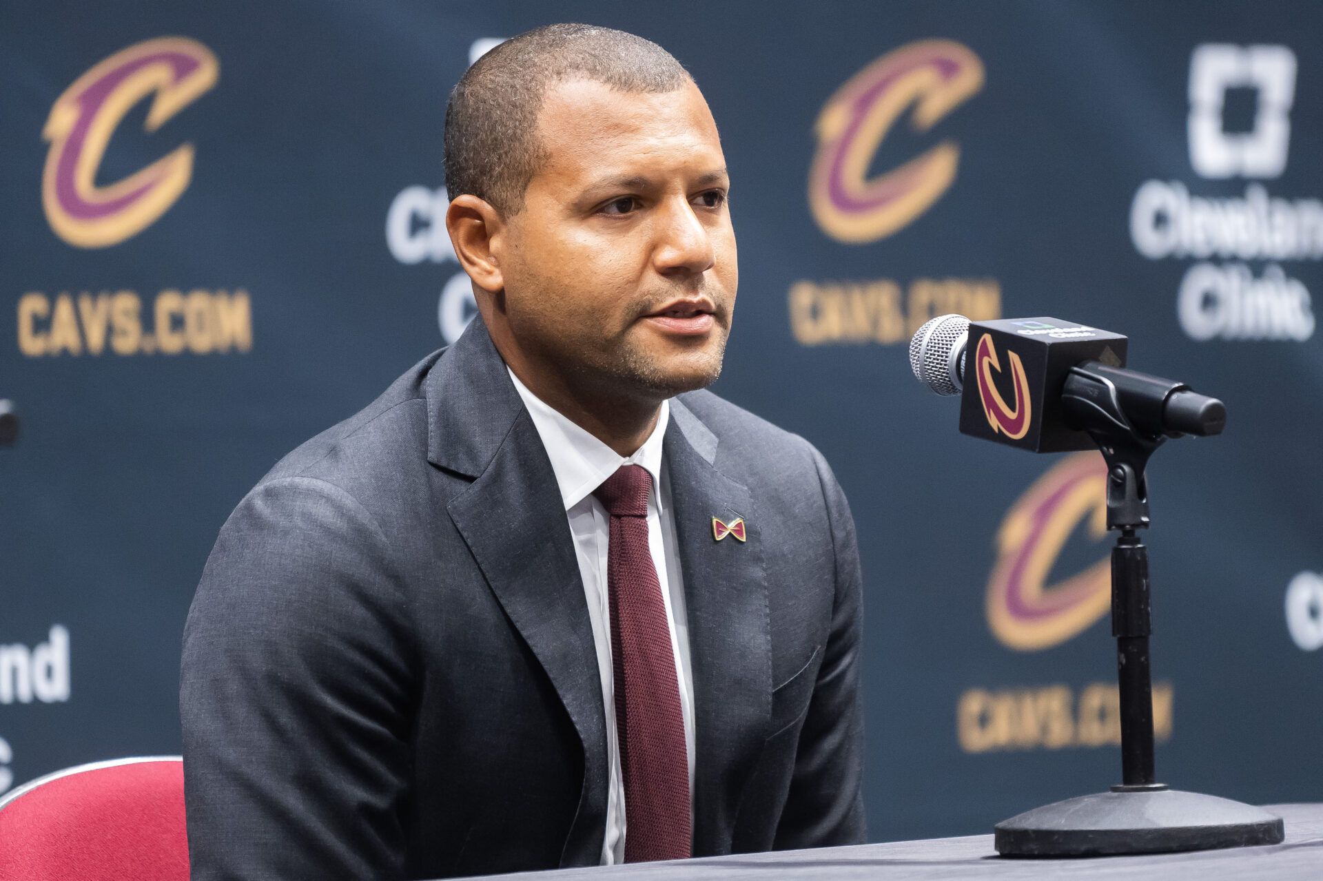 Cleveland Cavaliers general manager Koby Altman talks to the media during media day at Rocket Mortgage FieldHouse.