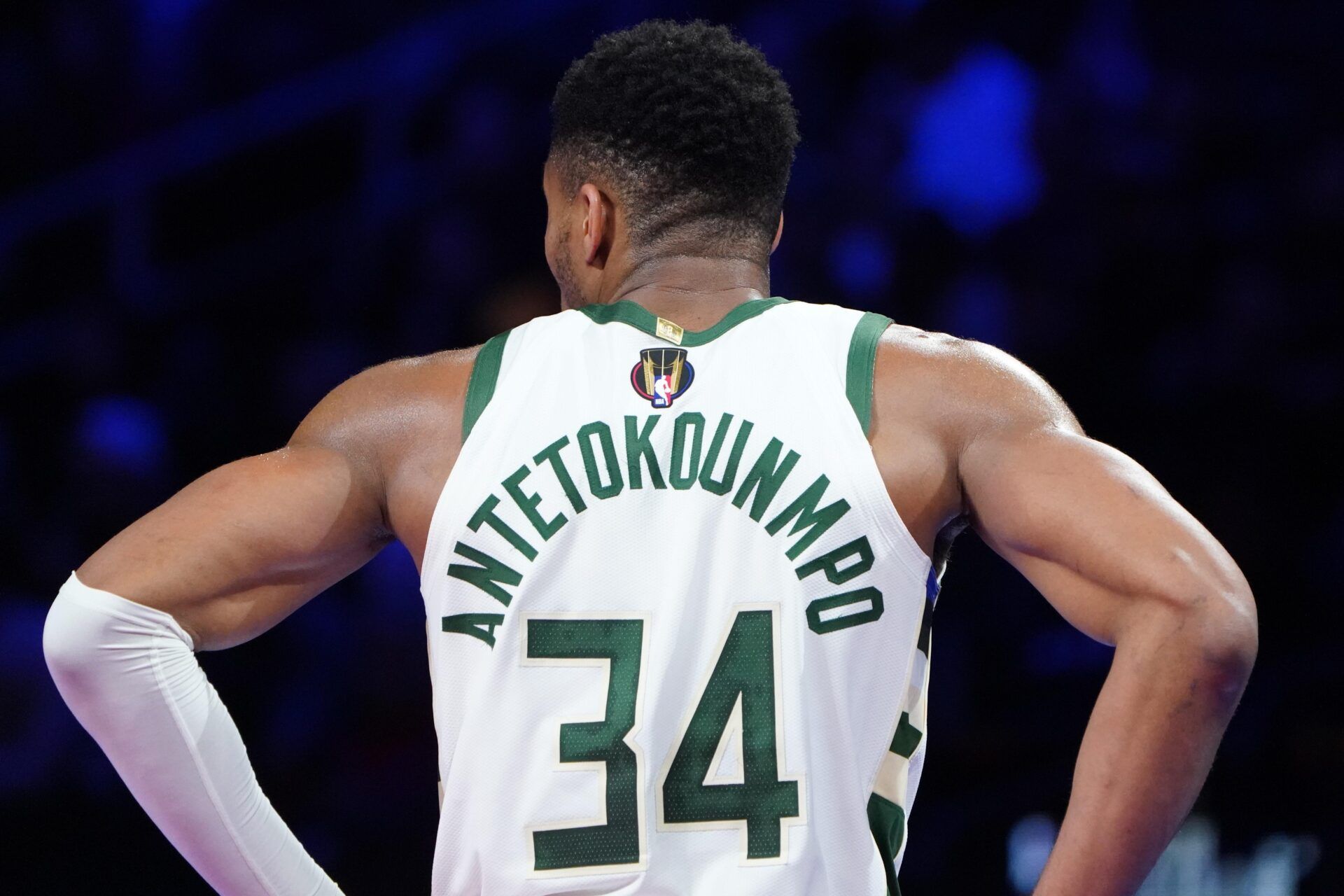 A view of the In Season Tournament logo on the jersey of Milwaukee Bucks forward Giannis Antetokounmpo (34) during the fourth quarter of the game against the Indiana Pacers in the NBA In Season Tournament Semifinal at T-Mobile Arena.