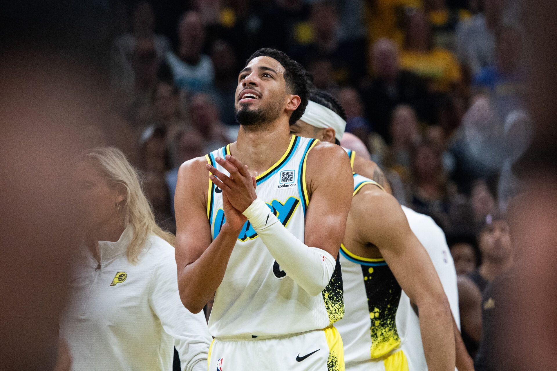 Indiana Pacers guard Tyrese Haliburton (0) celebrates during game four of the second round for the 2025 NBA Playoffs against the Cleveland Cavaliers at Gainbridge Fieldhouse.