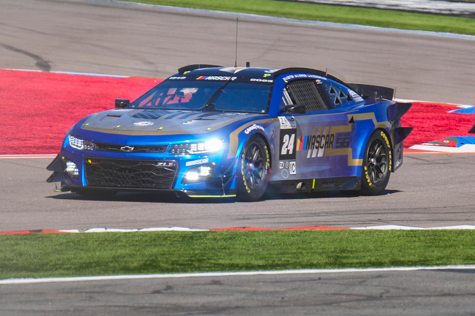Garage 56 Camaro and LeMans Nascar entry perform a pace lap during the Bank of America Roval 400 at Charlotte Motor Speedway Road Course.