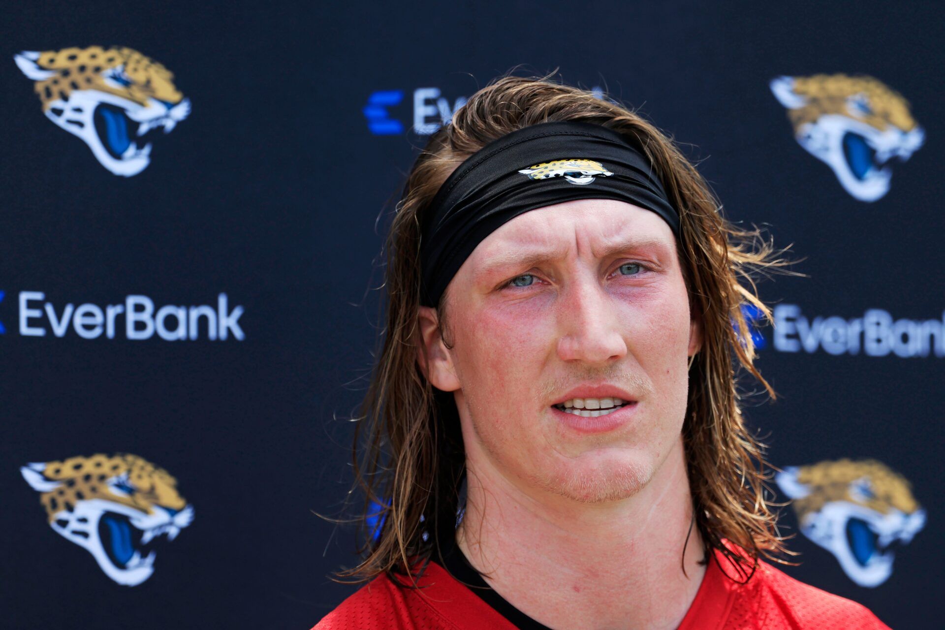 Jacksonville Jaguars quarterback Trevor Lawrence (16) answers questions from the media during the first organized team activity at Miller Electric Center Monday, May 19, 2025 in Jacksonville, Fla.