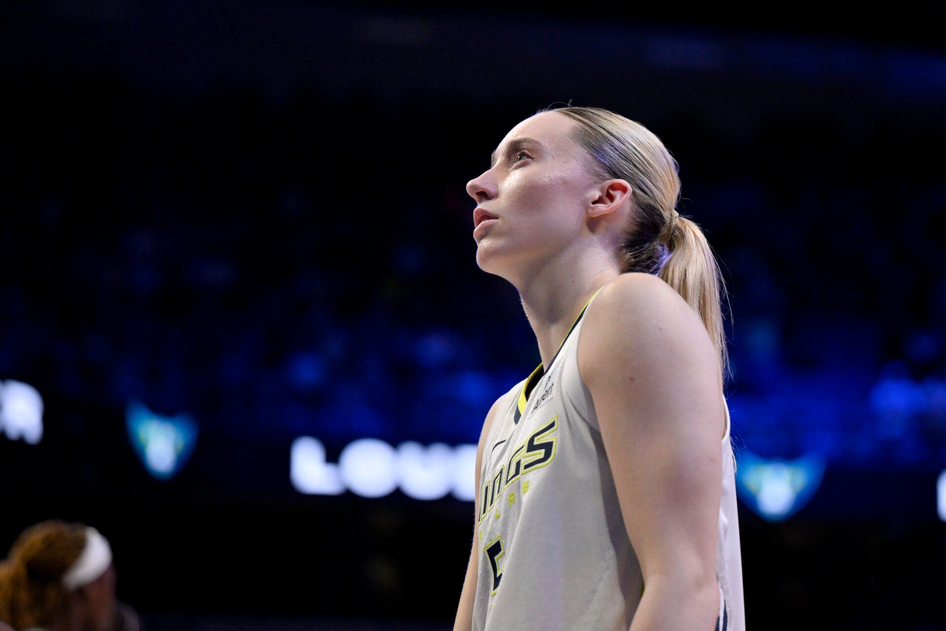 Dallas Wings guard Paige Bueckers (5) looks on during the second half against the Seattle Storm at College Park Center.