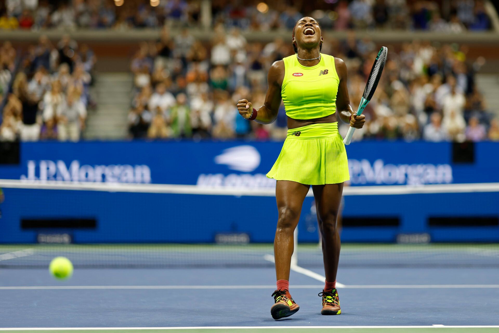 Coco Gauff of the United States celebrates after match point against Karolina Muchova of Czech Republic (not pictured) in a women's singles semifinal on day eleven of the 2023 U.S. Open tennis tournament at USTA Billie Jean King National Tennis Center.