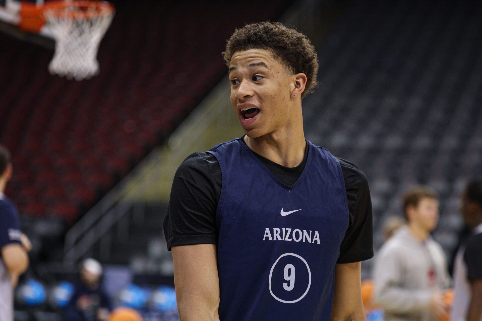 Arizona Wildcats forward Carter Bryant (9) reacts during a practice session in preparation for an East Regional semifinal game against the Duke Blue Devils at Prudential Center.