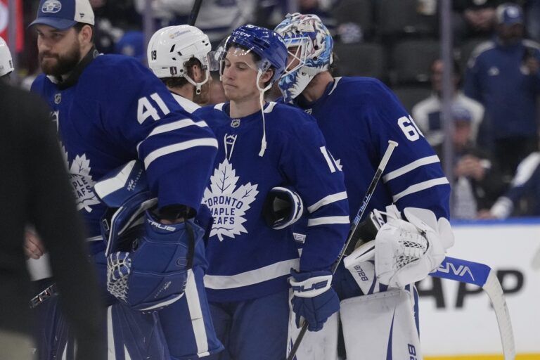 Toronto Maple Leafs forward Mitch Marner (16) reacts after losing the second round of the 2025 Stanley Cup Playoffs to the Florida Panthers at Scotiabank Arena.