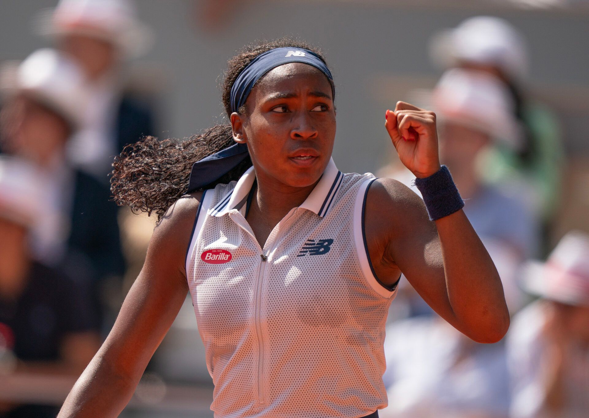 Coco Gauff of the United States reacts to a point during her match against Iga Swiatek of Poland on day 12 of Roland Garros at Stade Roland Garros.