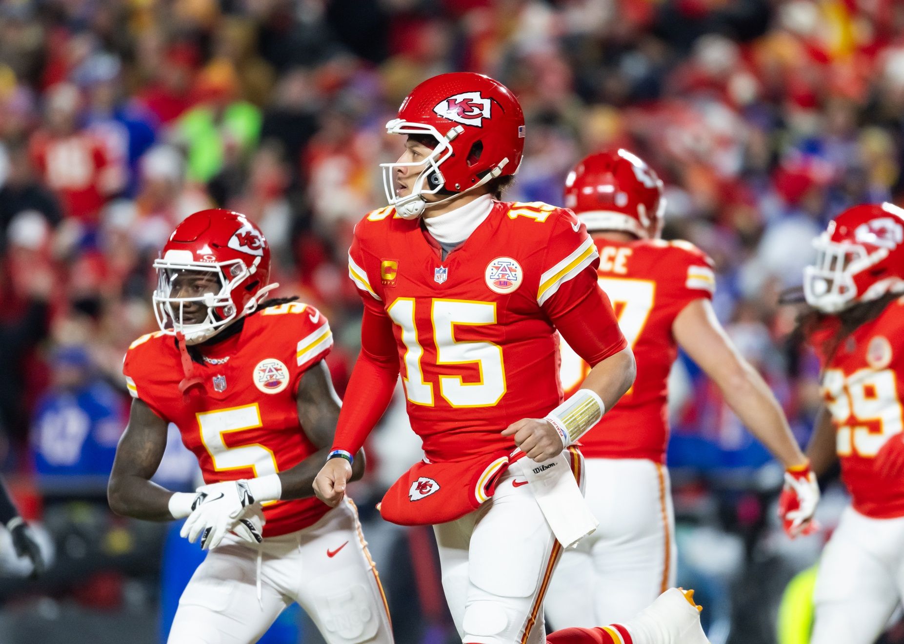 Kansas City Chiefs quarterback Patrick Mahomes (15) against the Buffalo Bills during the AFC Championship game at GEHA Field at Arrowhead Stadium.