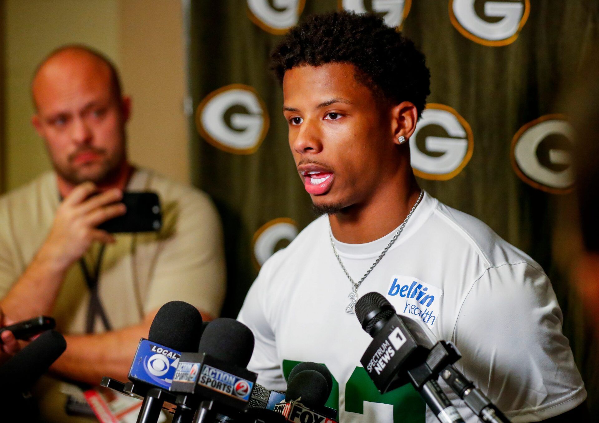Green Bay Packers wide receiver Matthew Golden is interviewed by the media during rookie minicamp on Friday, May 2, 2025, at Lambeau Field in Green Bay, Wisconsin. The Packers selected Golden with their first round pick in the 2025 NFL Draft.
Tork Mason/USA TODAY NETWORK-Wisconsin