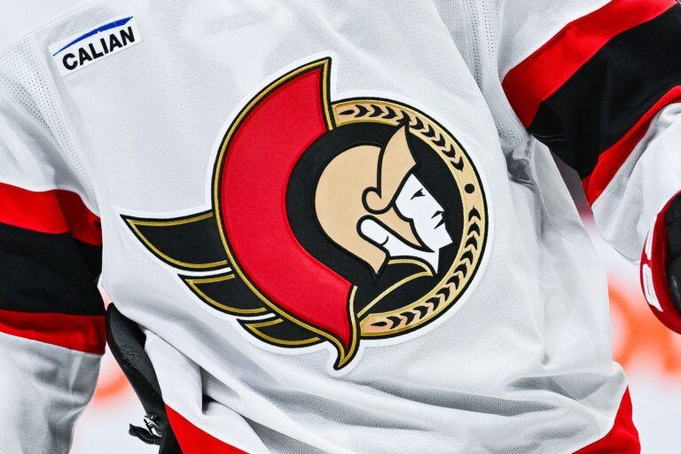 View of a Ottawa Senators logo on a jersey worn by a member of the team against the Montreal Canadiens during the third period at Bell Centre.