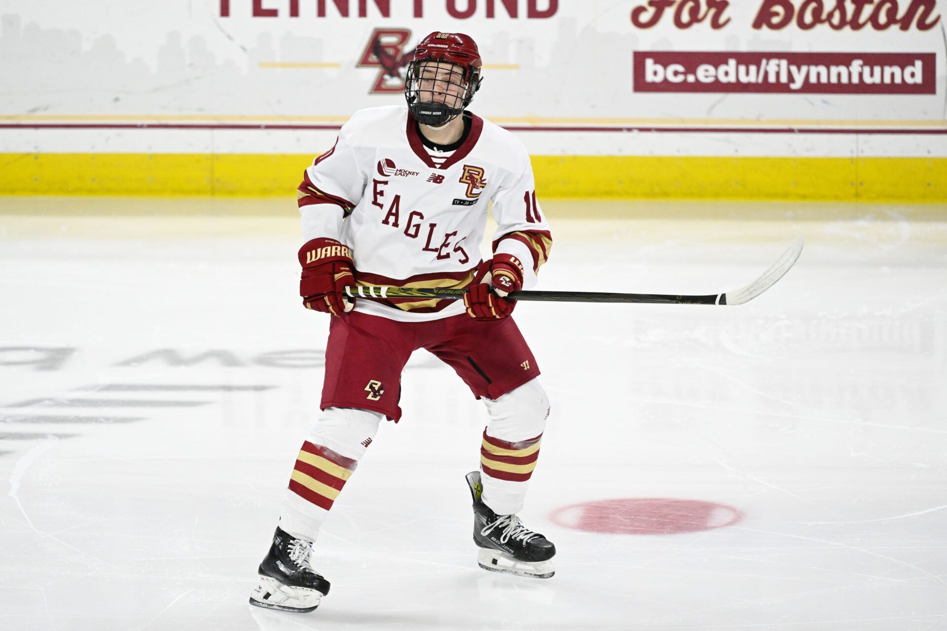 Boston College forward James Hagens (10) skates against the University of New Hampshire Wildcats during the second period at Conte Forum.