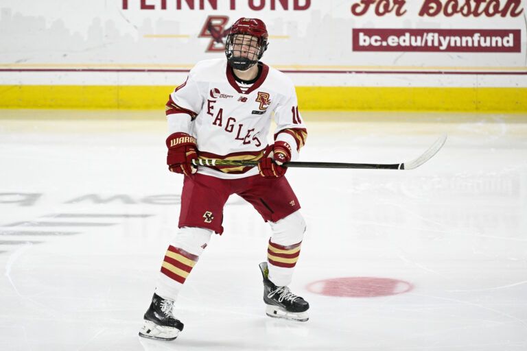 Boston College forward James Hagens (10) skates against the University of New Hampshire Wildcats during the second period at Conte Forum.