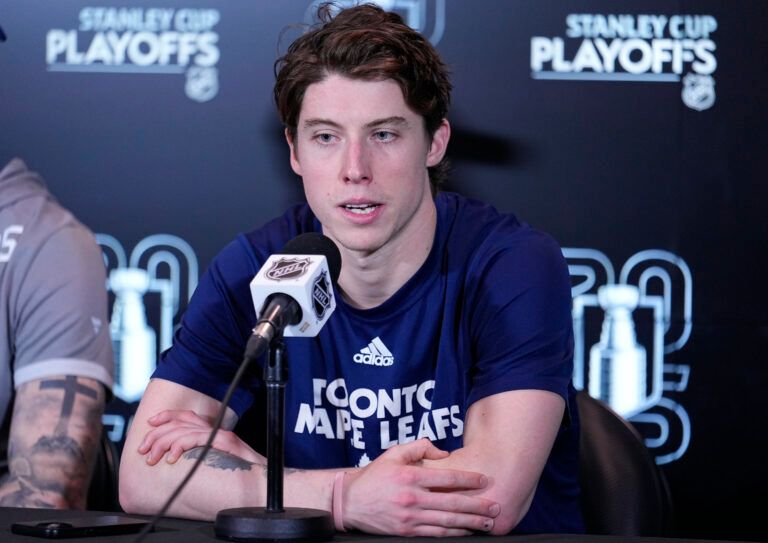 Toronto Maple Leafs forward Mitch Marner (16) answers a question from the media following game one of the first round of the 2025 Stanley Cup Playoffs against the Ottawa Senators at Scotiabank Arena.