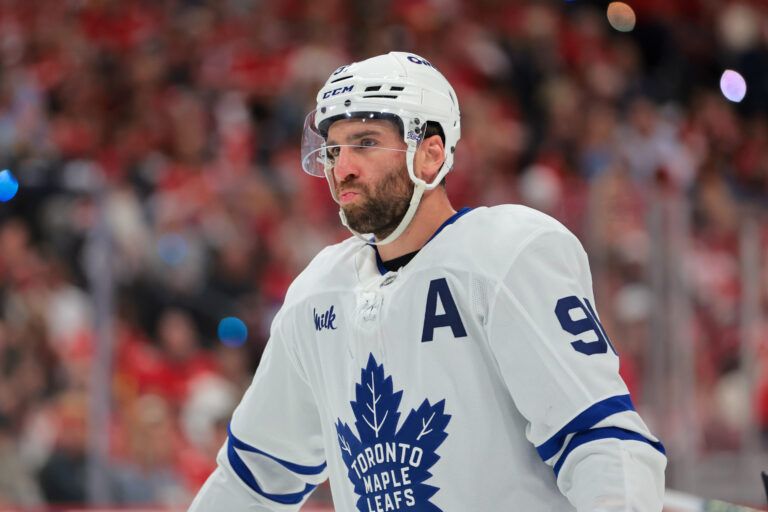 Toronto Maple Leafs center John Tavares (91) looks on against the Florida Panthers during the first period in game six of the second round of the 2025 Stanley Cup Playoffs at Amerant Bank Arena.