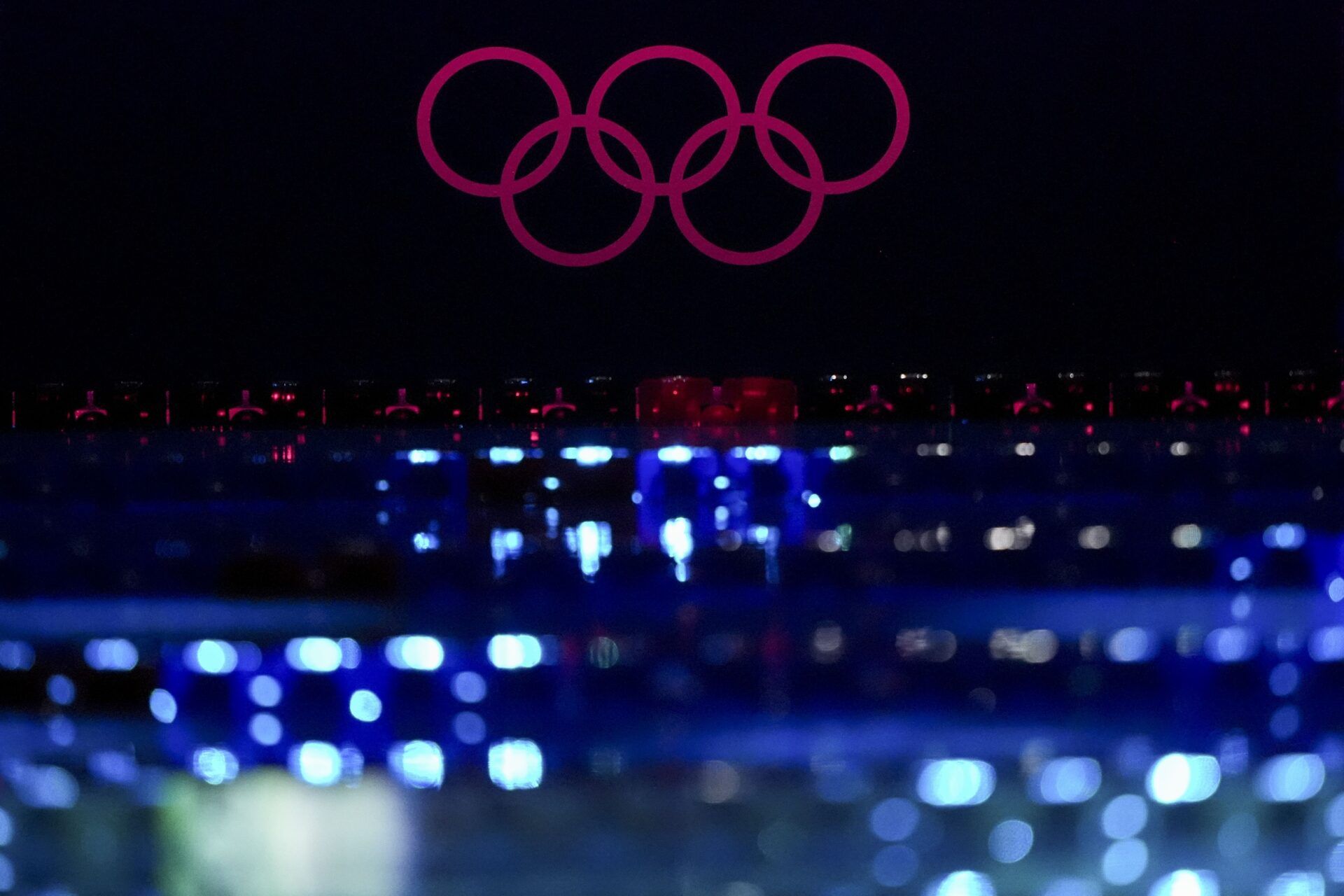 Olympic logos ahead of the evening heats during the Paris 2024 Olympic Summer Games at Paris La Défense Arena.