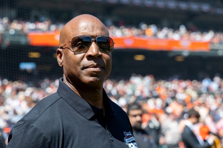 San Francisco Giants legend Barry Bonds is introduced before the game against the Seattle Mariners at Oracle Park.