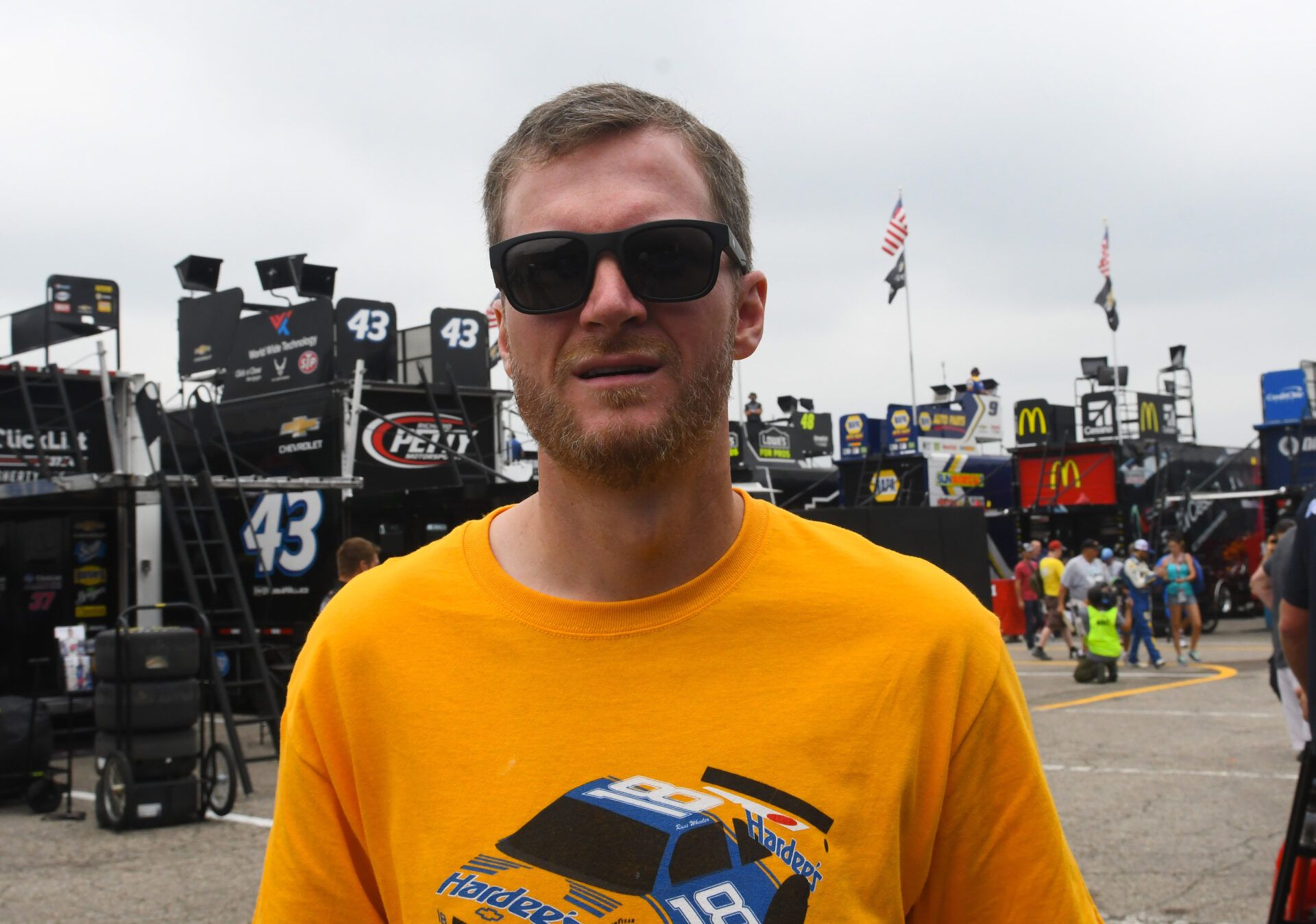 NBC analyst and former driver Dale Earnhardt Jr. during practice for the Consumers Energy 400 at Michigan International Speedway.