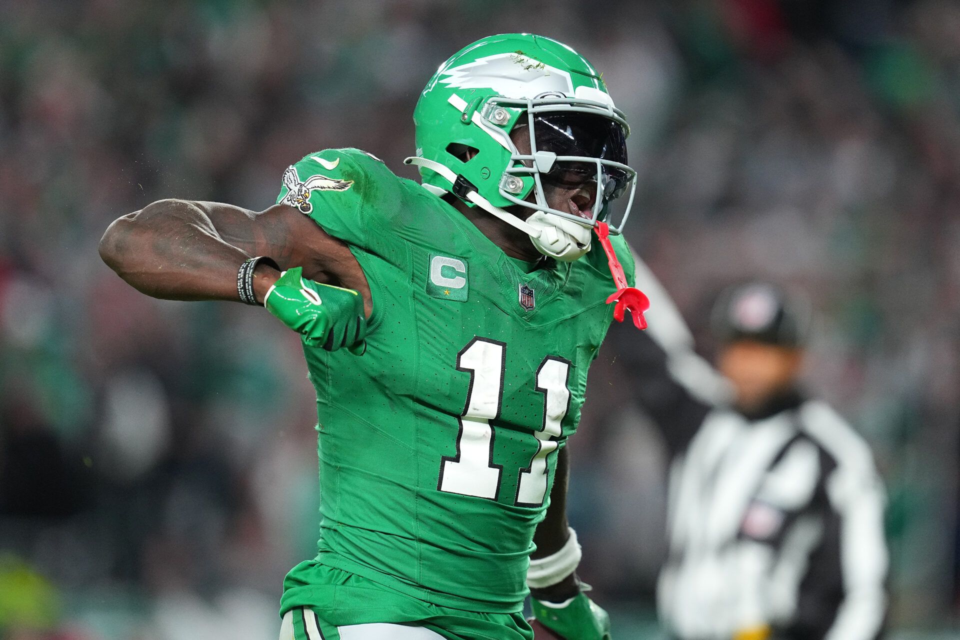 PHILADELPHIA, PENNSYLVANIA - OCTOBER 22: A.J. Brown #11 of the Philadelphia Eagles reacts to a play during the second half of a game against the Miami Dolphins at Lincoln Financial Field on October 22, 2023 in Philadelphia, Pennsylvania. (Photo by Mitchell Leff/Getty Images)