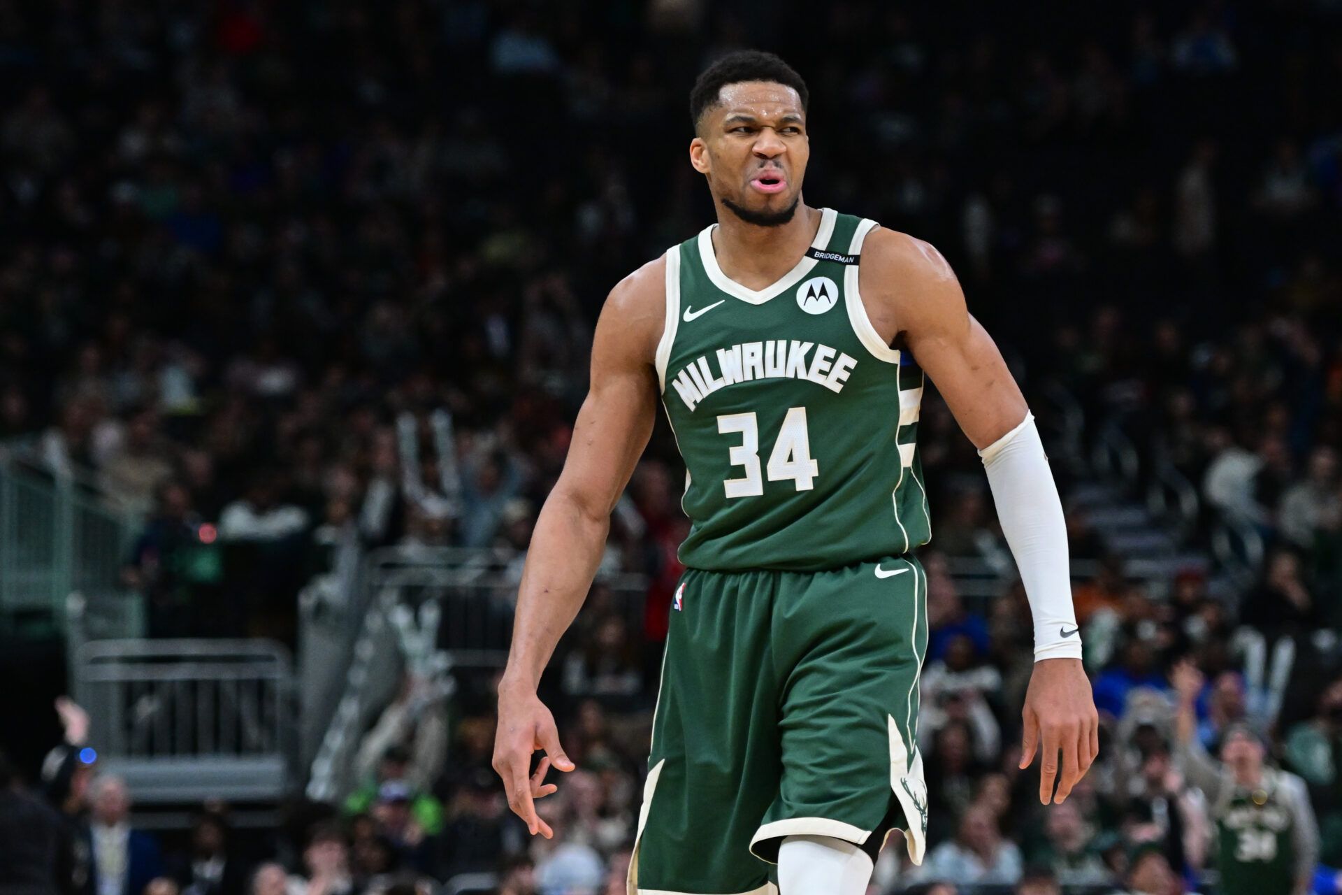 Milwaukee Bucks forward Giannis Antetokounmpo (34) reacts in the fourth quarter against the Phoenix Suns at Fiserv Forum.