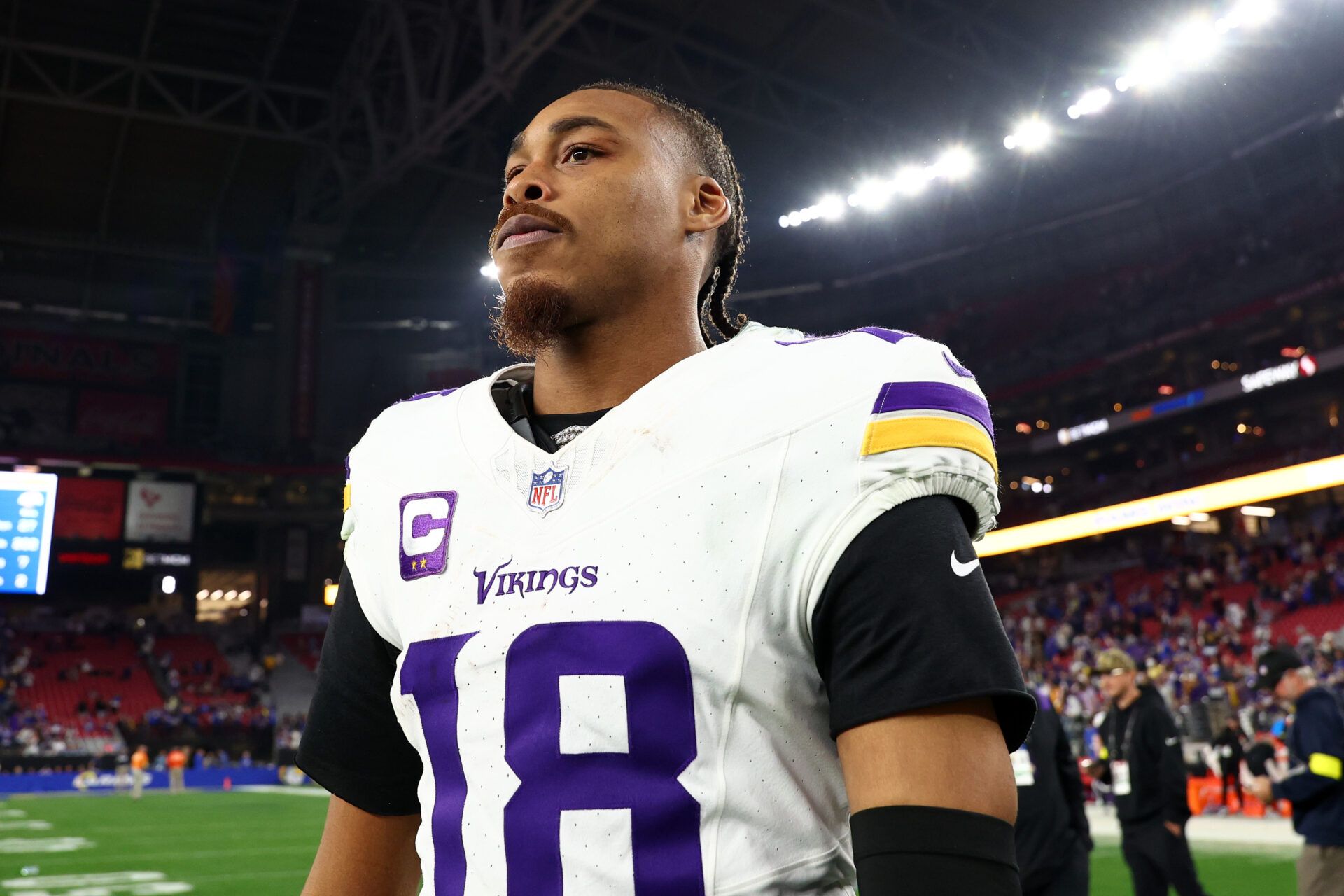 Minnesota Vikings wide receiver Justin Jefferson (18) reacts after the  NFC wild card game against the Los Angeles Rams at State Farm Stadium.