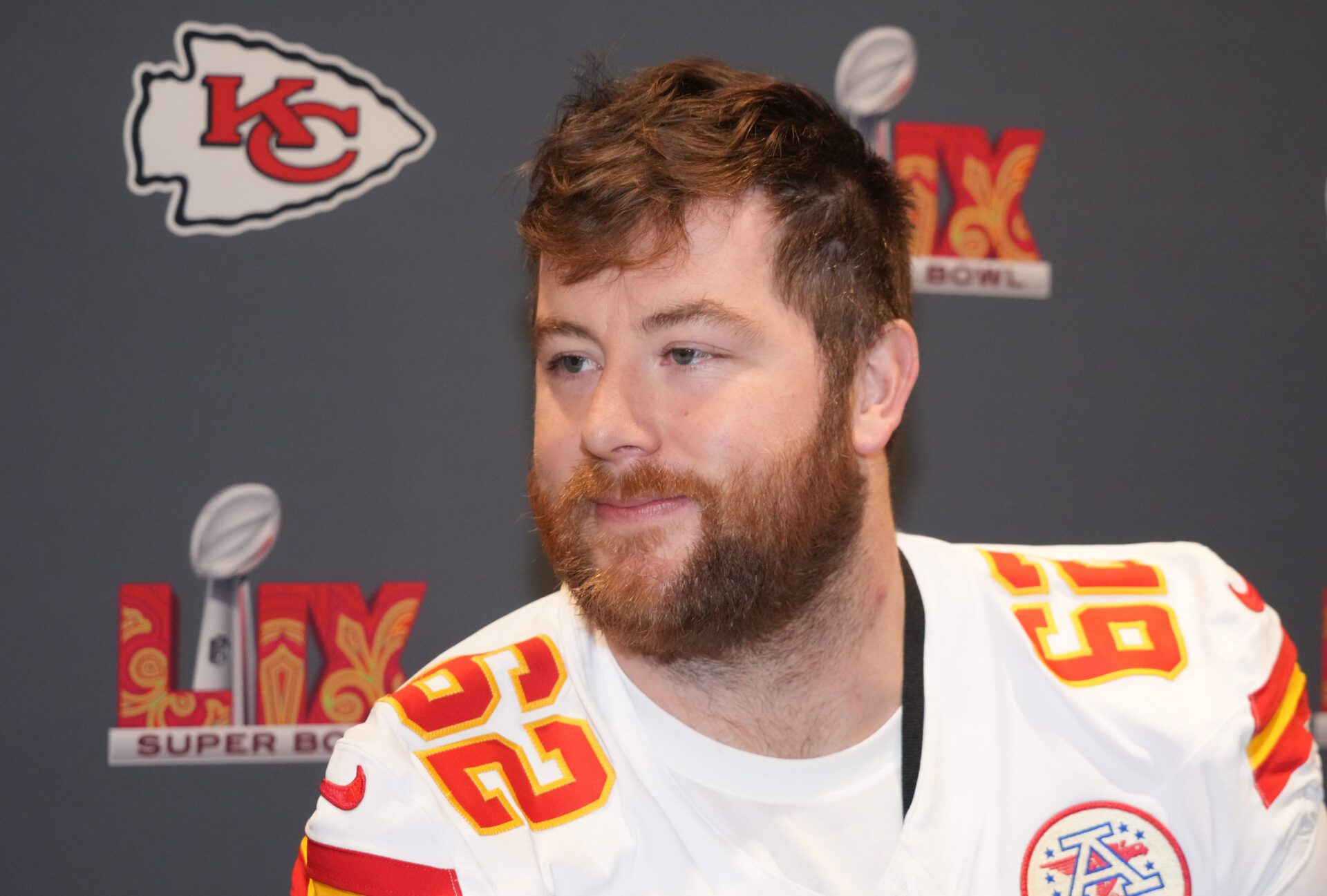 Kansas City Chiefs guard Joe Thuney (62) at a press conference in advance of Super Bowl LIX at New Orleans Marriott.