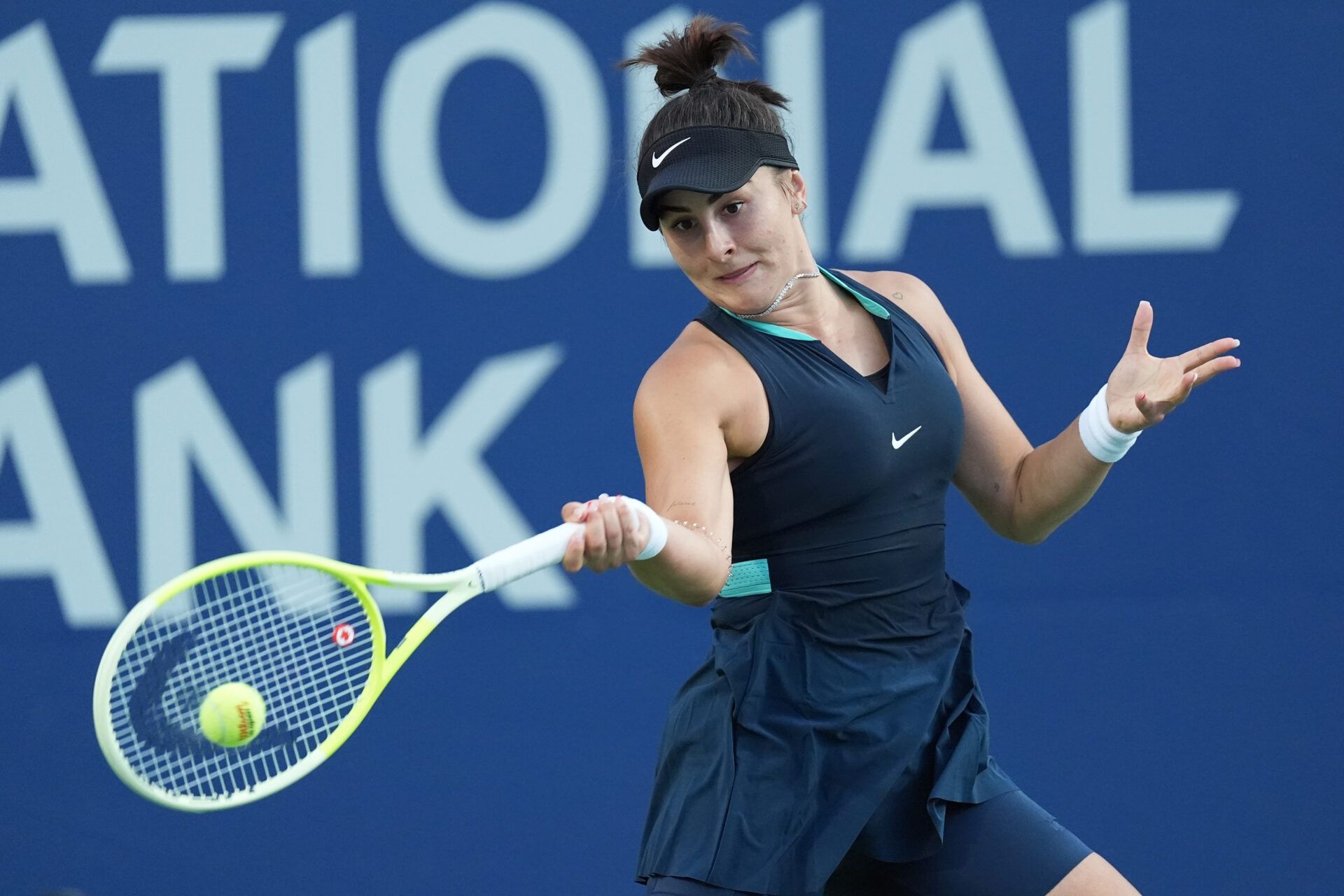 Bianca Andreescu (CAN) hits a ball to Lesia Tsurenko (not pictured) during first round play at Sobeys Stadium.