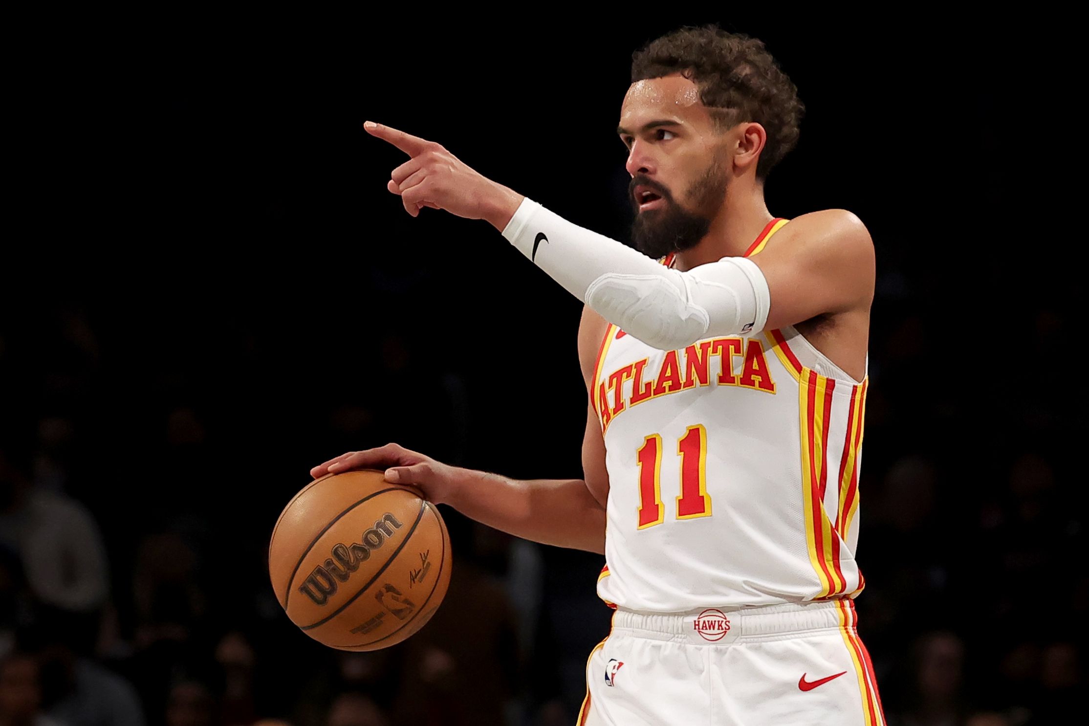 Atlanta Hawks guard Trae Young (11) controls the ball against the Brooklyn Nets during the third quarter at Barclays Center.