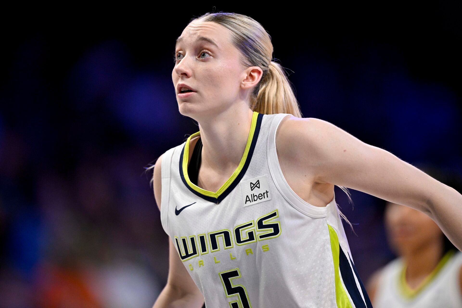 Dallas Wings guard Paige Bueckers (5) looks on during the second half against the Seattle Storm at College Park Center.
