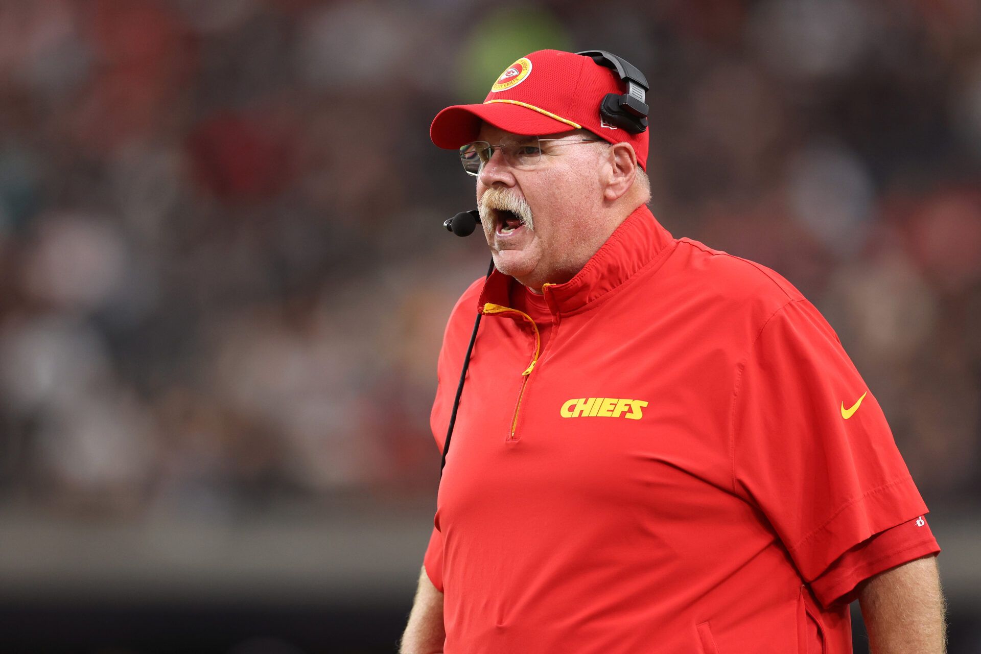 LAS VEGAS, NEVADA - OCTOBER 27: Head coach Andy Reid of the Kansas City Chiefs reacts as they play the Las Vegas Raiders at Allegiant Stadium on October 27, 2024 in Las Vegas, Nevada. (Photo by Christian Petersen/Getty Images)