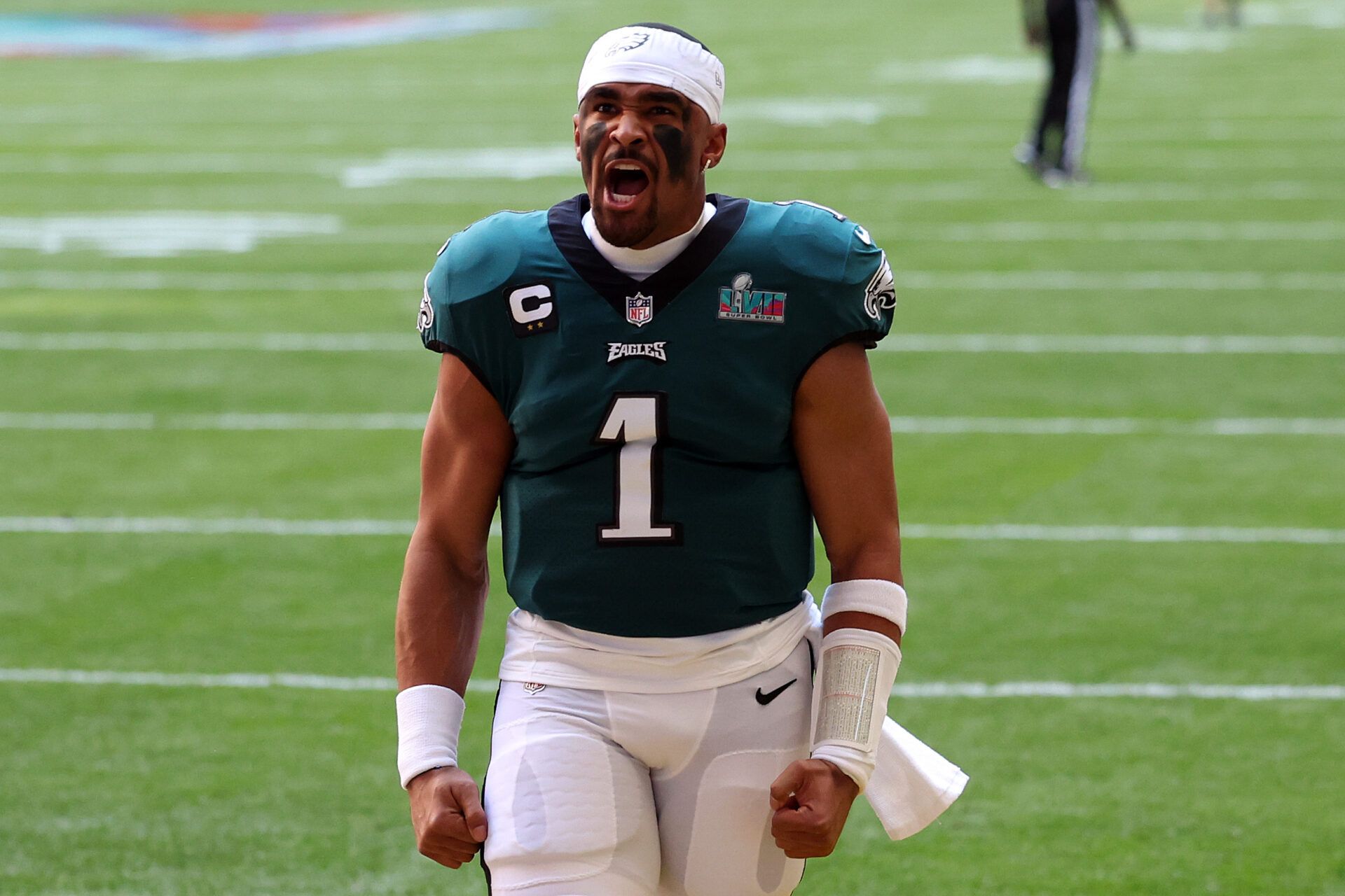 GLENDALE, ARIZONA - FEBRUARY 12: Jalen Hurts #1 of the Philadelphia Eagles reacts before playing against the Kansas City Chiefs in Super Bowl LVII at State Farm Stadium on February 12, 2023 in Glendale, Arizona. (Photo by Ezra Shaw/Getty Images)