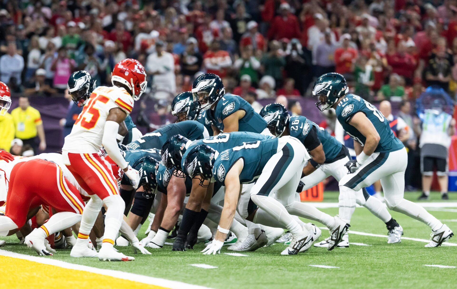 Philadelphia Eagles  quarterback Jalen Hurts (1) lines up for the tush push play on the goal line against the Kansas City Chiefs during Super Bowl LIX at Ceasars Superdome.