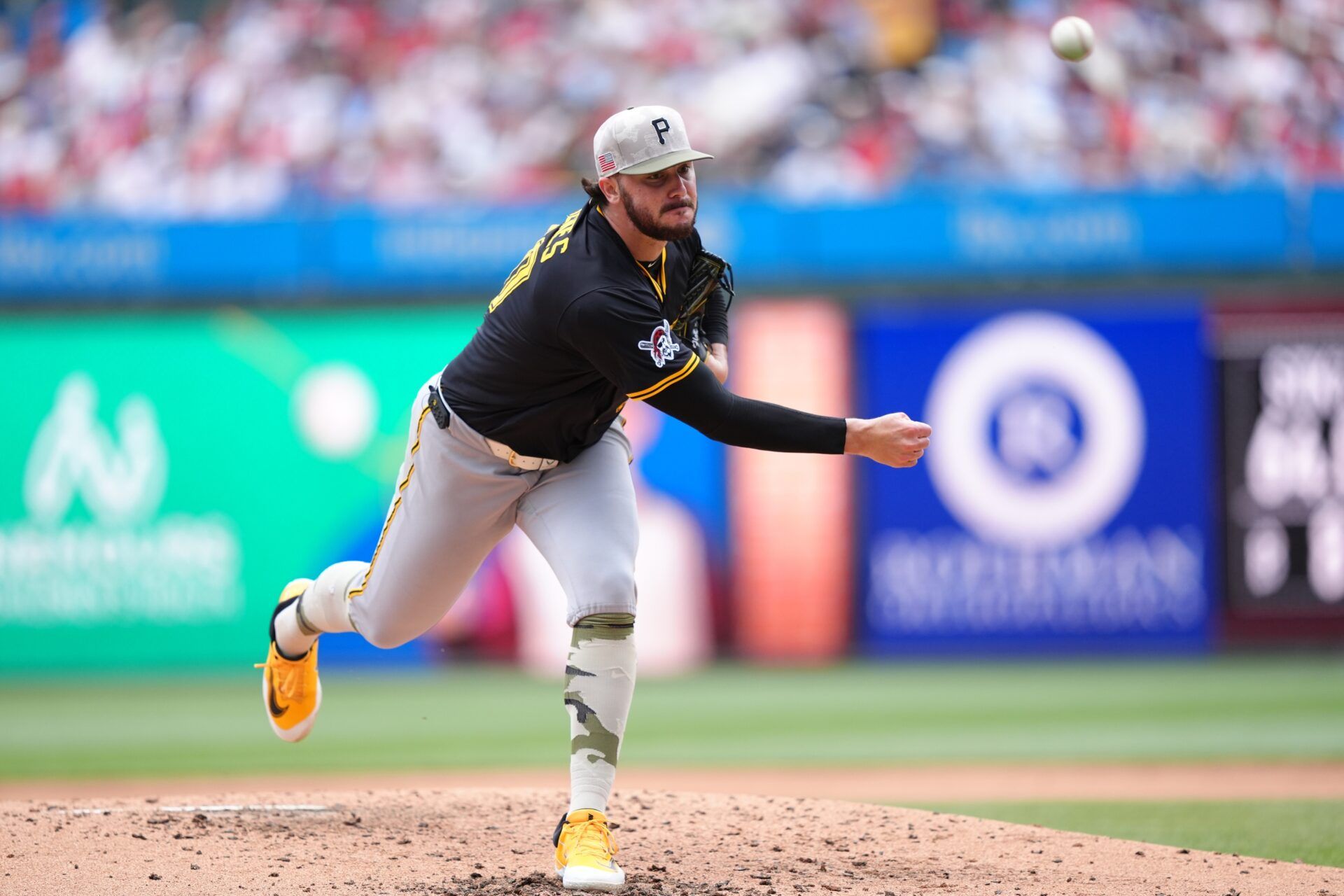 Pittsburgh Pirates starting pitcher Paul Skenes (30) throws a pitch against the Philadelphia Phillies in the third inning at Citizens Bank Park.