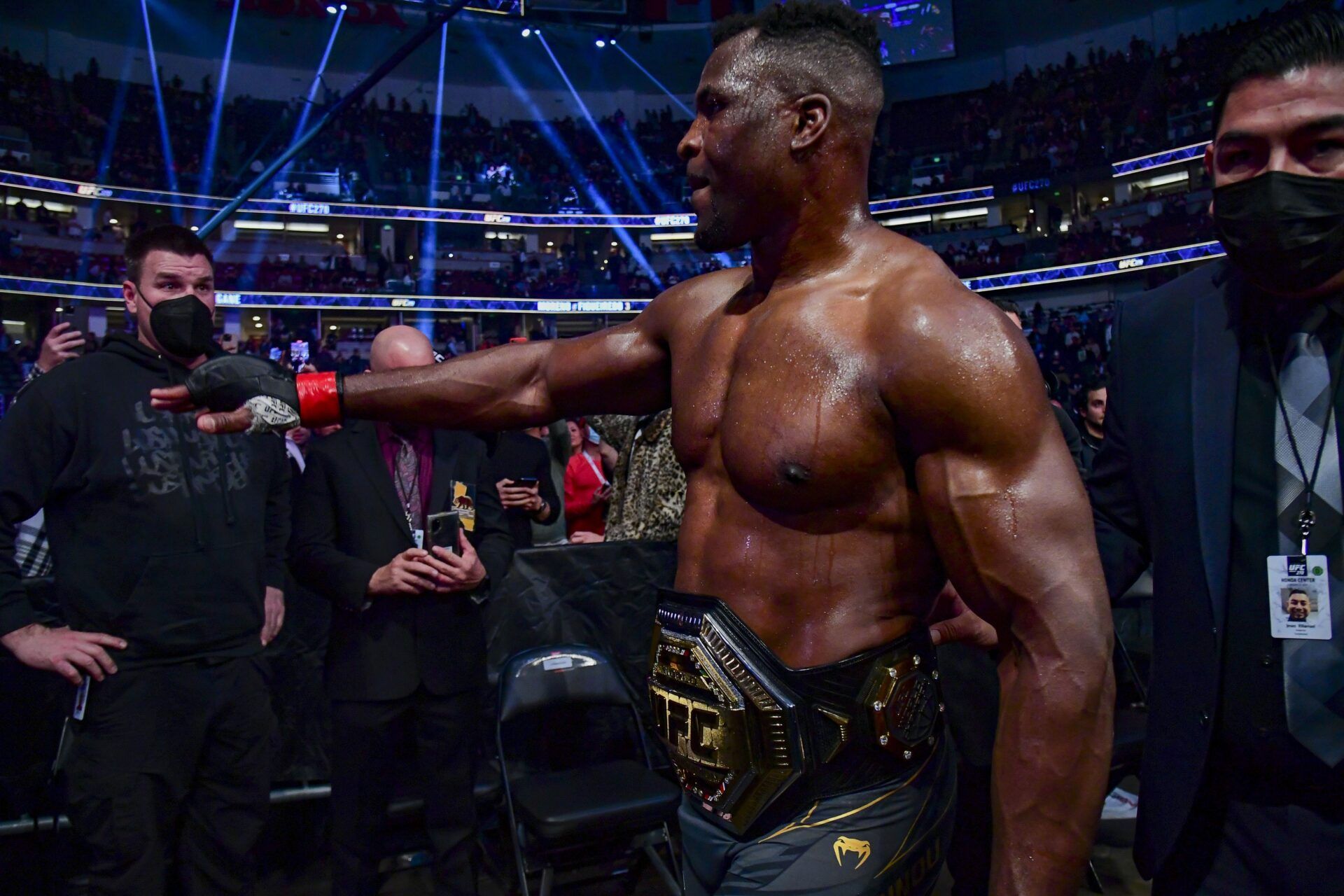 Francis Ngannou leaves the octagon after the win against Ciryl Gane during UFC 270 at Honda Center.