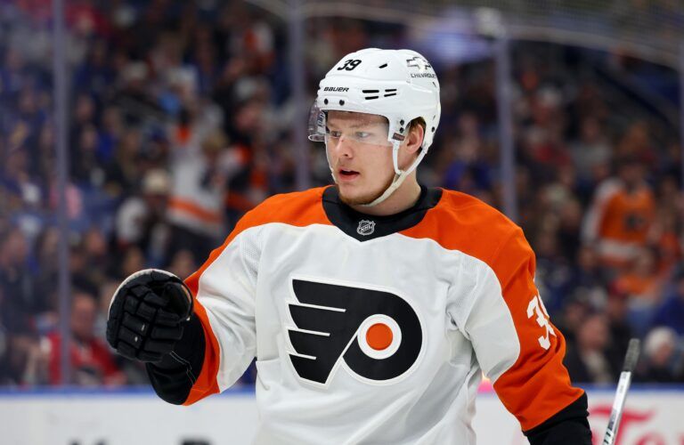 Philadelphia Flyers right wing Matvei Michkov (39) reacts after scoring a goal during the first period against the Buffalo Sabres at KeyBank Center.