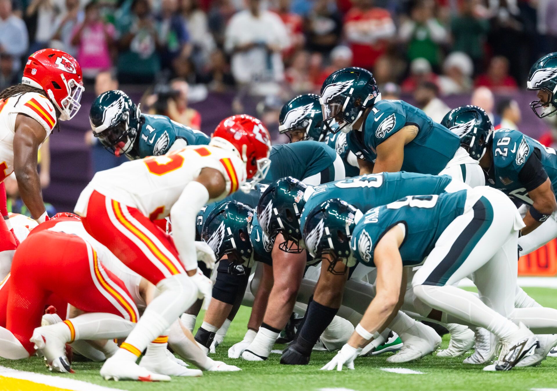 Philadelphia Eagles  quarterback Jalen Hurts (1) lines up for the tush push play on the goal line against the Kansas City Chiefs during Super Bowl LIX at Ceasars Superdome.