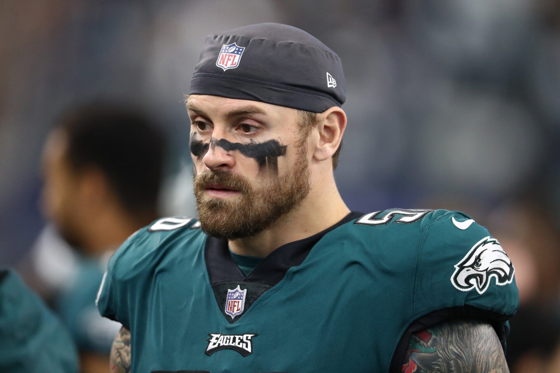 Philadelphia Eagles defensive end Chris Long (56) on the sidelines during the game against the Dallas Cowboys at AT&T Stadium.