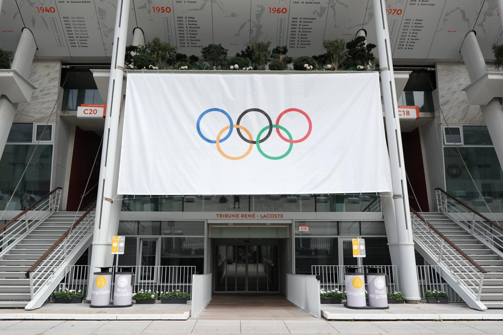 Jul 23, 2024, Paris, France; The Olympic rings logo at the Stade Roland Garros, the tennis venue for the 2024 Paris Olympics.