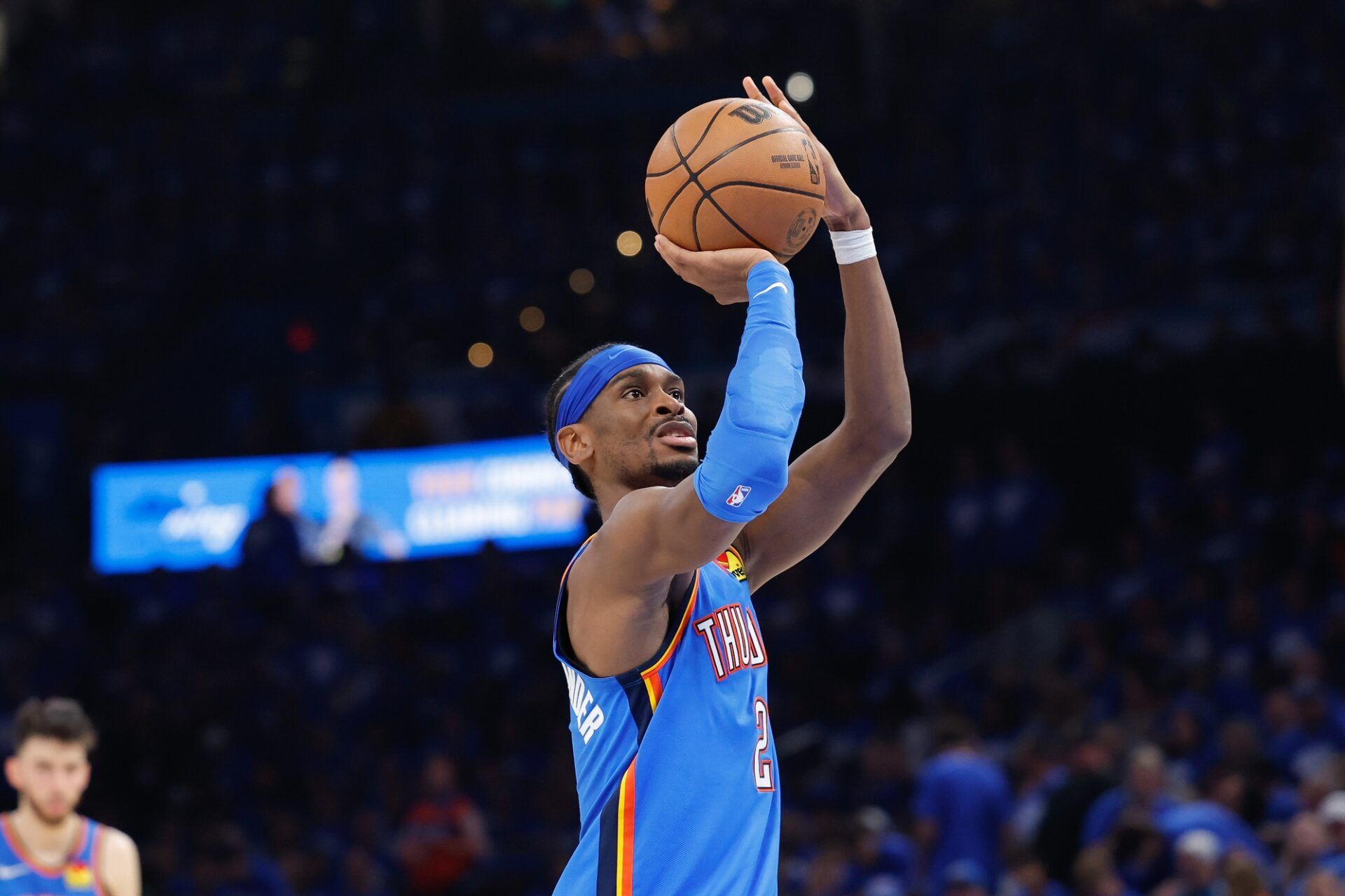 Oklahoma City Thunder guard Shai Gilgeous-Alexander (2) shoots free throws against the Denver Nuggets in the second half during game seven of the second round for the 2025 NBA Playoffs at Paycom Center.