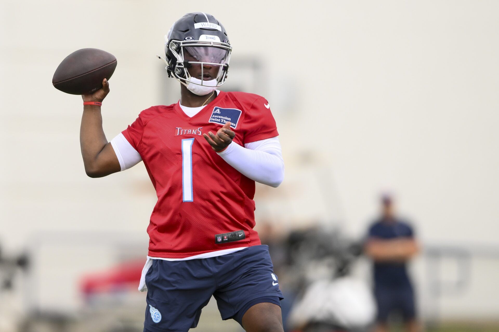 Tennessee Titans quarterback Cam Ward (1) goes through drills during Rookie Mini Camp at Saint Thomas Sports Park.