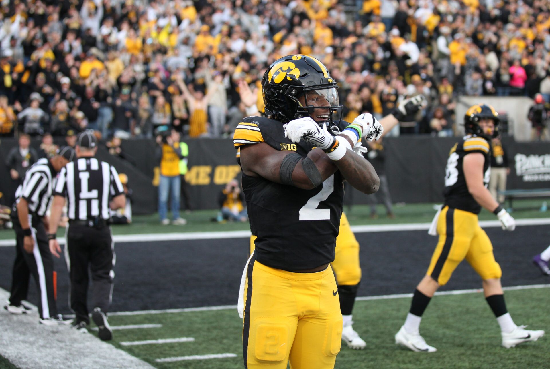 IOWA CITY, IOWA- OCTOBER 26:  Running back Kaleb Johnson #2 of the Iowa Hawkeyes celebrates a touchdown during the second half against the Northwestern Wildcats at Kinnick Stadium on October 26, 2024 in Iowa City, Iowa.  (Photo by Matthew Holst/Getty Images)